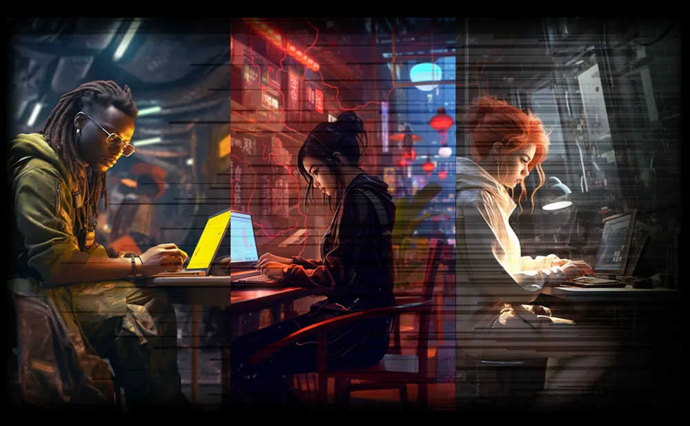 People working on their laptops in cyberpunk world.