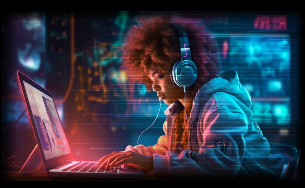 Woman working on laptop with headphones on in cyberpunk world.