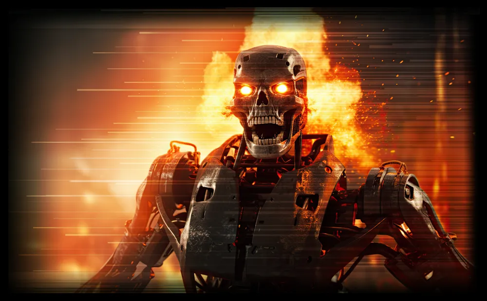 Robot on fire in cyberpunk world.